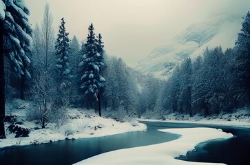 Fototapeta na wymiar Beautiful snowy landscape with forest, river, mountain, valley and road.