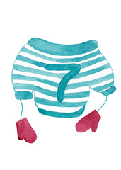 Green striped sweater and red lace-up mittens. Isolated watercolor illustration of a knitted cardigan. Ideal for your design