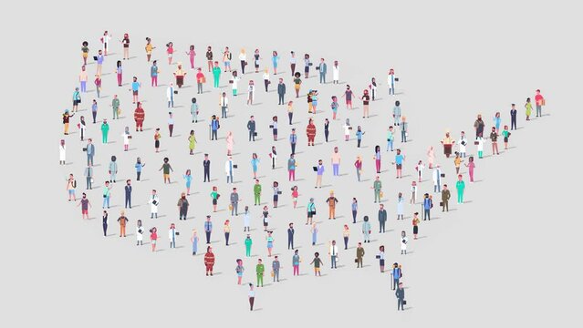 US Population Creative Concept on United States Map. Large Crowd of Different People Standing Together in a Shape of USA Country Symbol. Multicultural American Community,  And Globalization. 4k Video