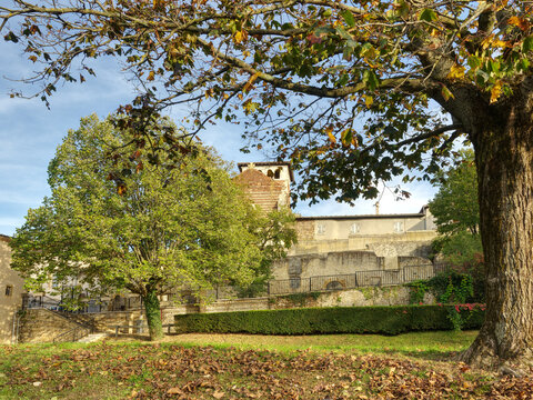 Autumn view of Saint Mayol Church in Ternay from park of the historic Maison des Champs of Ternay 