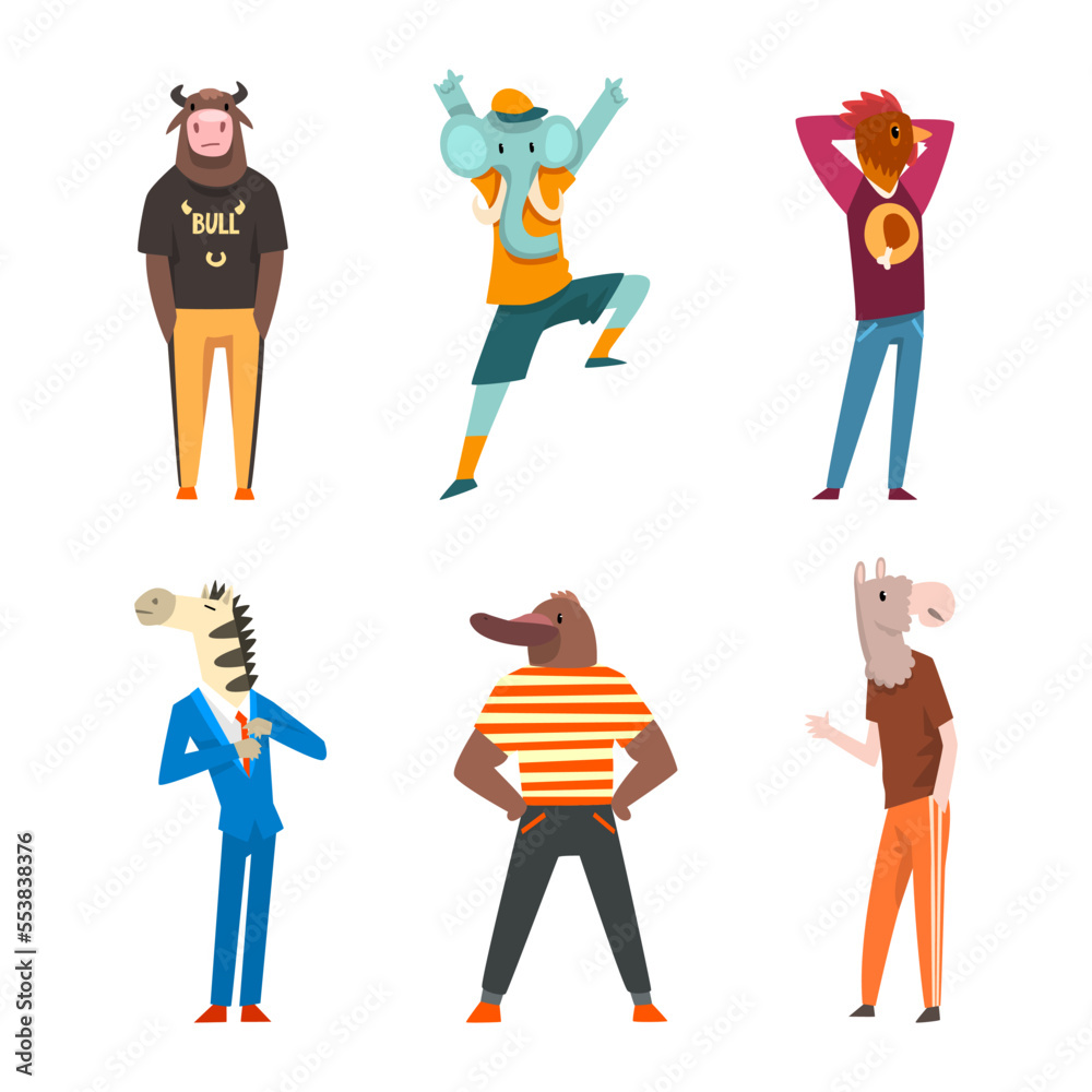 Poster animal character wearing human clothing in standing pose vector set