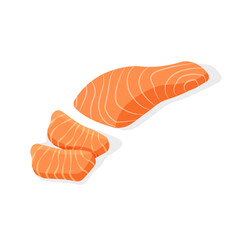 Salmon steak with peaces. Fillet of red fish. Seafood product design. Vector illustration isolated white background.	