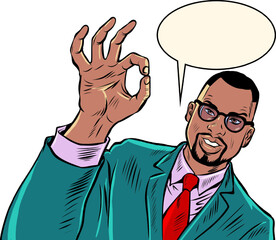 African American businessman man OK gesture, quality recommendation, hand gesture, advertisement announcement