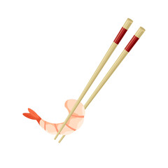 Shrimp without shell. Chopsticks holding prawn. Boiled or grilled shrimps. Traditional Asian food. Vector illustration in trendy flat style isolated on white background.