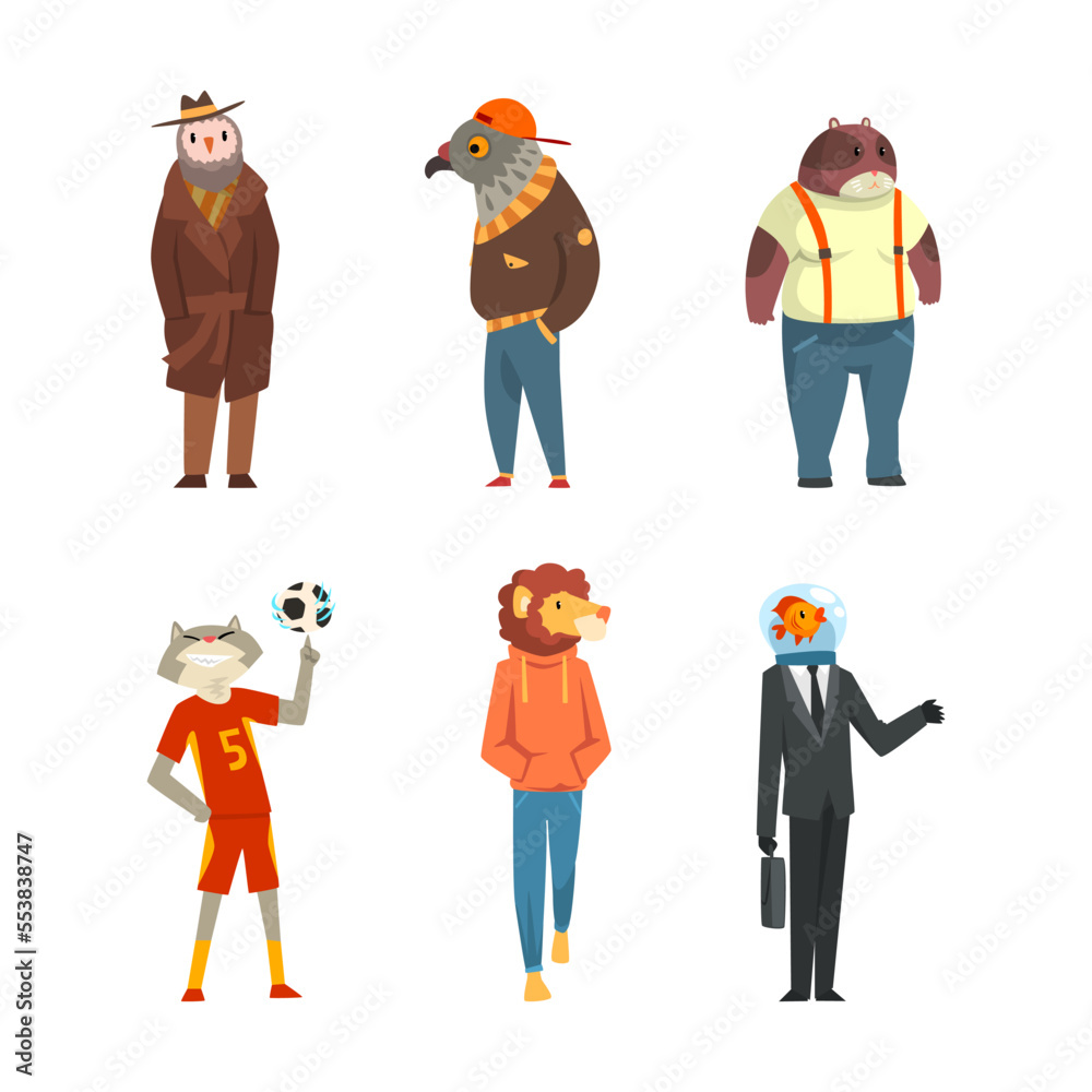 Sticker Animal Character Wearing Human Clothing Standing and Walking Vector Set