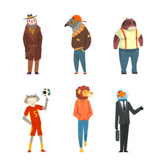 Animal Character Wearing Human Clothing Standing and Walking Vector Set