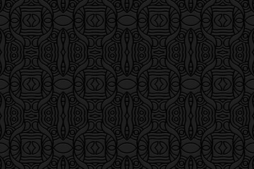 Embossed black background, ethnic cover design. Press paper, boho style. Geometric 3d pattern. Unique tribal themes of East, Asia, India, Mexico, Aztecs, Peru with handmade elements.