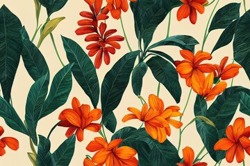 decorative jungle floral leaves pattern. repeat pattern for wallpaper, paper packaging, textile, curtains, duvet covers, print design. Generative AI (30)