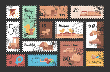 Wooden baby toy postage stamp vintage mail letter delivery sticker postmark set vector flat