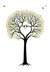 Wedding tree with heart shaped branches, green leaves and love birds, illustration over a transparent background, PNG image