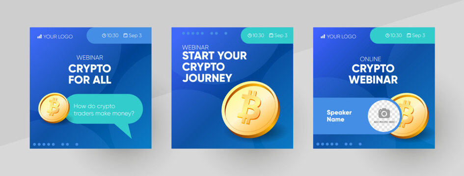 Crypto online webinar social media post template. Background and bitcoin illustration for cryptocurrency webinar banner design in vector. 
