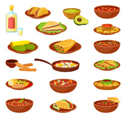 Traditional Mexican Cuisine Food with Stew, Tacos, Burrito, Nachos and Tequila Big Vector Set