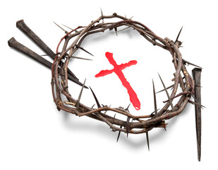 Wood cross and crown of thorns. Good Friday. Easter holiday. - obrazy, fototapety, plakaty