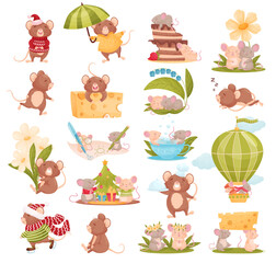 Cute Little Mouse with Long Tail Engaged in Different Activity Big Vector Set