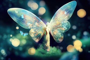 beautiful seductive back silhouette of fairy. transparent ornamental wings, Generative AI