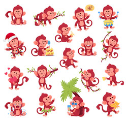 Cute Baby Monkey Character Engaged in Different Activity Big Vector Set