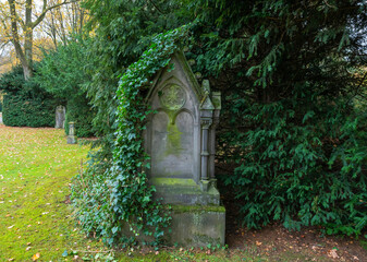 schöner alter Grabstein im Efeu auf einem Friedhof in Hamburg