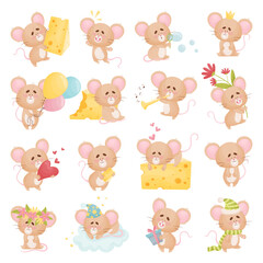 Cute Little Mouse with Long Tail Engaged in Different Activity Big Vector Set