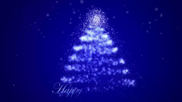 Glowing, shining blue Christmas tree animation. New year greeting card with star dust particles, lights stars and falling snowflakes on black.