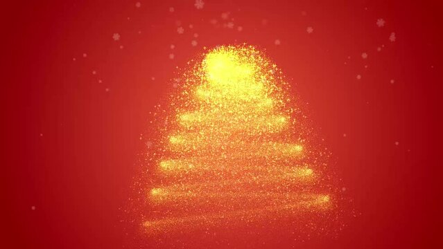 Glowing, shining gold Christmas tree animation. New year greeting card with star dust particles, lights stars and falling snowflakes