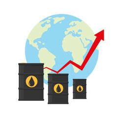 Oil prices rise concept. Barrels of crude oil or oil price increase, high demand in crisis. Earth, oil container and arrow up. Vector illustration