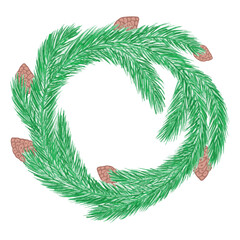 Vector illustration of spruce wreath. Pine frame with pine cones isolated on white background. 