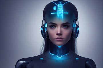 cyber person with a helmet and headphones. Music sound from mind, from brain. visible sound Generative AI