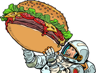 Joyful astronaut man and a huge burger. Street food fast food. Hungry man Happiness positive smile