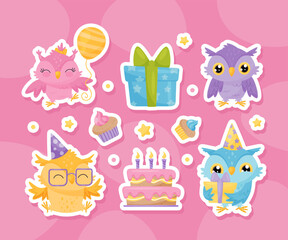 Owl Character Greeting with Happy Birthday Vector Sticker Set