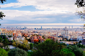 Naklejka premium Panoramic of the city of Barcelona with the Mediterranean in the background, a winter day.