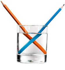 Blue pencil, inside a glass filled with water, explanation of light refraction