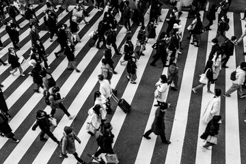 師走の大阪の街。横断歩道を渡る人々が足早に通り過ぎる。モノクロで撮影 - obrazy, fototapety, plakaty