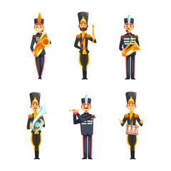 Military Band Member in Parade Uniform Playing Musical Instrument Vector Set