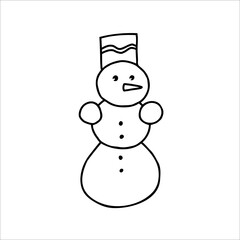 Snowman in the doodle style. Vector illustration isolated on a white background. Perfect for a postcard, sticker, coloring book or as a label for a knitted product