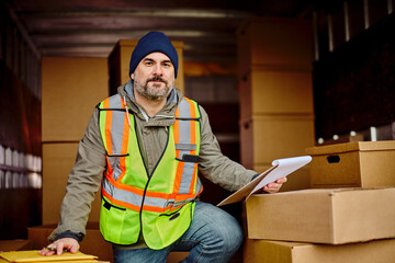 Delivery man among packages in back of truck looking at camera.