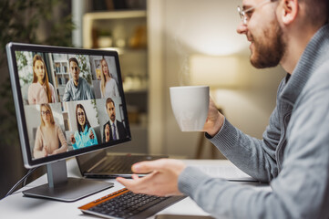 Employees participate virtual conference with boss running business remotely, businesspeople hold...