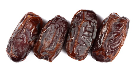 Group fresh date palm isolated on white, sweet fruit, top view