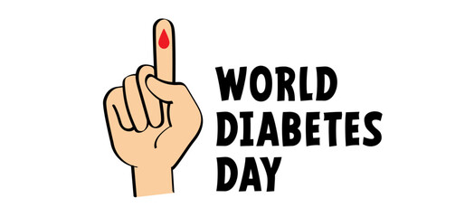 Cartoon hand with blood drop. World diabetes day. Human hands and lifted up index. Finger and drops of blood. November 14, global awareness campaign focusing on diabetes. Blue ribbon.