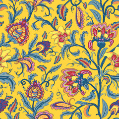 Seamless paisley pattern with folk tropical flowers. Indian stylized floral texture for carnival textile or wrap. Festival oriental style using boteh or buta