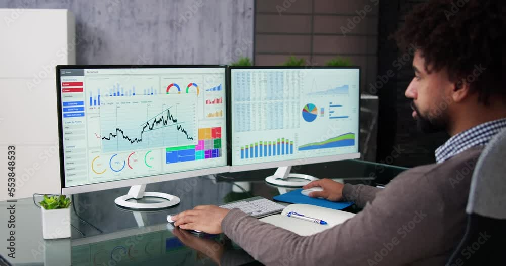 Poster african data analyst man using spreadsheet