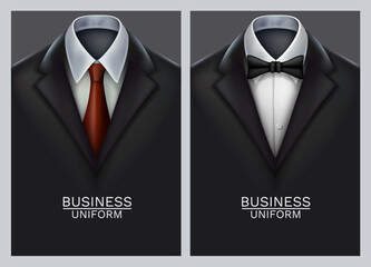 Postcard business cards with elegant suit and tuxedo. Vector