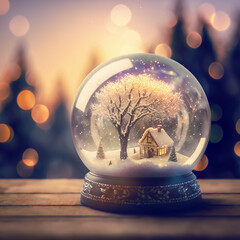 Festive Christmas ornament in sparkling snow globe with tiny landscape inside. AI generated illustration