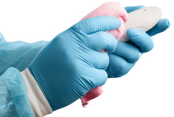 Cleaning service disinfects Technics from coronavirus, antiseptic processing computer.