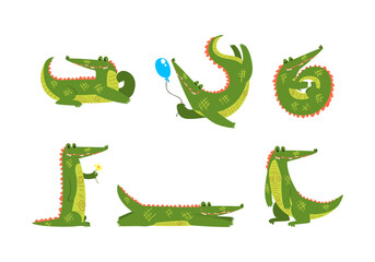 Funny Green Crocodile with Toothy Smile Engaged in Different Activity Vector Set