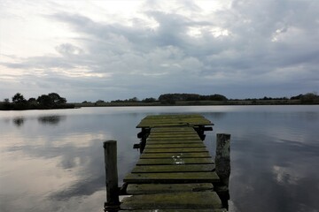 Bootssteg aus Holz mit Moos und Spiegelung vom See mit Wolken.