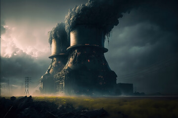 Post apocalyptic nuclear reactor. Nuclear power plant. Stormy sky. Horror landscape. 