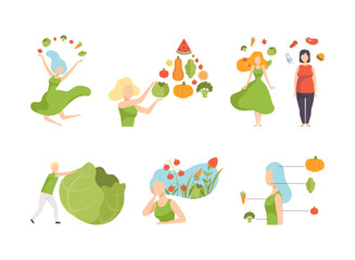 Young Male and Female with Healthy Vegan Food Having Light and Energy Vector Set