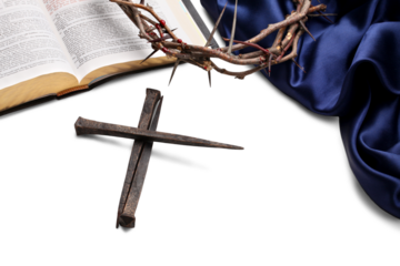 Ð¡rucifixion Spikes with nails in shape Of Cross On the Bible