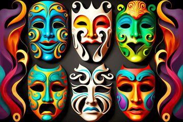 carnival or theatrical masks with different emotions. masks expressing happiness, joy, sadness, sadness, longing and other emotions, art performance - obrazy, fototapety, plakaty