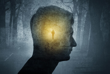 Man silhouette on gothic landscape background. Psychiatry, psychology,  concept, gothic, steampunk background. Overlay effect on old paper texture.